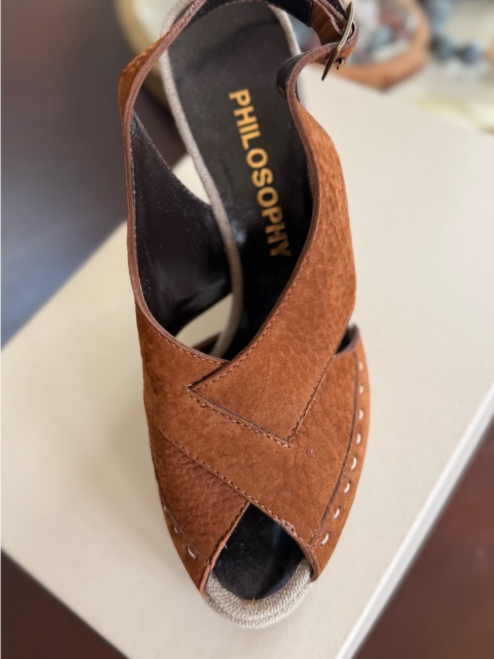 Philosophy di Alberta Ferretti Brown Suede and Linen-Trim Wedge Sandal - Picture 3 of 5